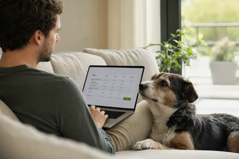 Besitzer arbeitet am Laptop auf dem Sofa, während ein Oskar-Hund neben ihm sitzt und eine neutrale Versicherungsvergleichs-Oberfläche zeigt.