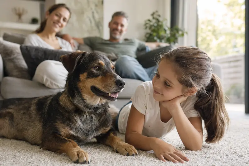 Ein freundlicher Hund liegt entspannt neben einem Kind im Wohnzimmer in einer sicheren Familienatmosphäre.