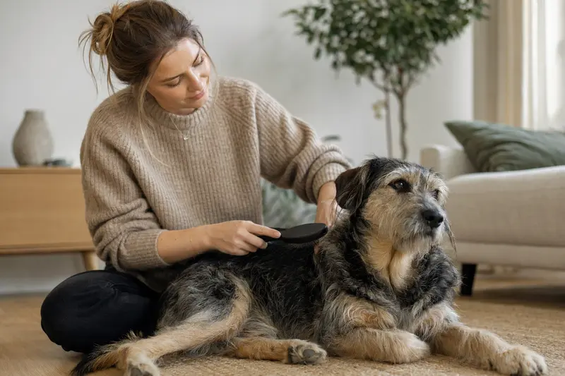Eine Hundebesitzerin bürstet ihren Hund zuhause sanft und kümmert sich liebevoll um die Fellpflege.