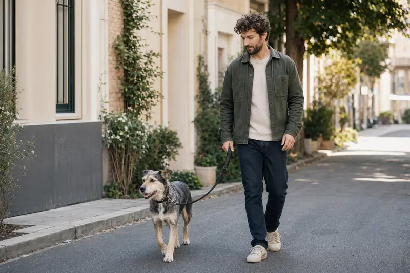 Ein Oskay Hund läuft an der Leine mit seinem Besitzer durch eine moderne Stadtstraße im Alltag.