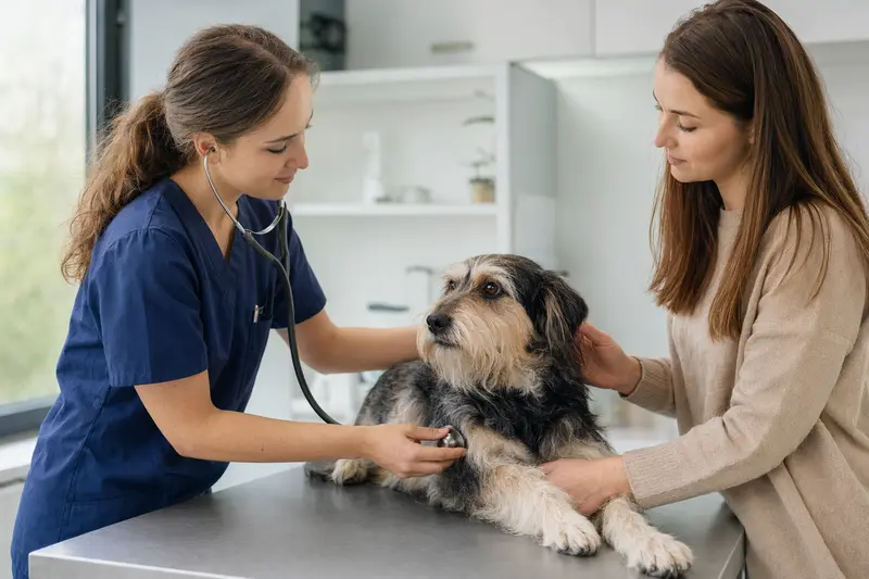 Ein entspannter Oskay Hund wird von einer Tierärztin mit Stethoskop in einer modernen Tierarztpraxis untersucht, während der Besitzer beruhigend neben ihm steht.