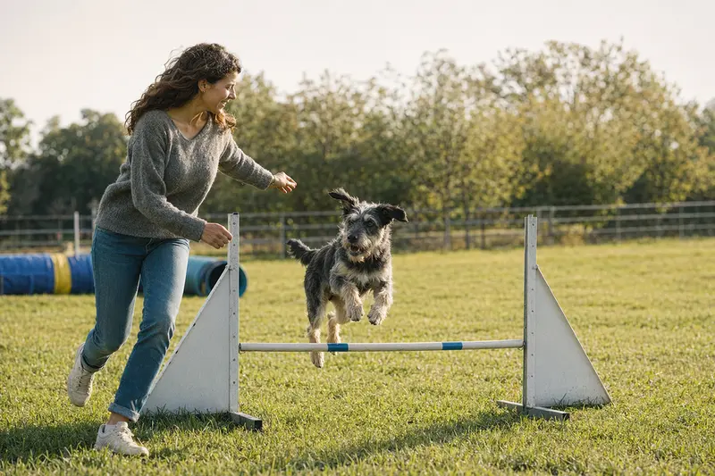 Ein aktiver Oskay Hund springt mit seinem Besitzer über eine kleine Trainingshürde auf dem Hundeplatz.