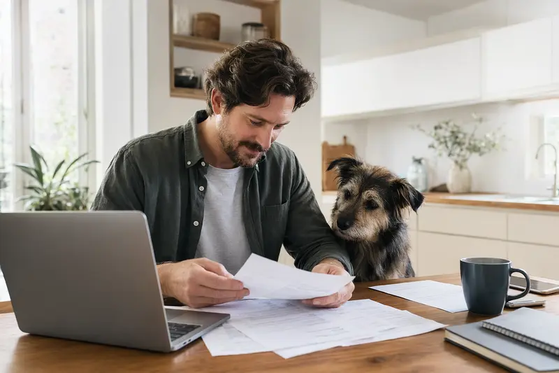 Ein ruhiger Hund sitzt neben seinem Besitzer am Küchentisch mit Versicherungsunterlagen und Laptop zur Hundekrankenversicherung.