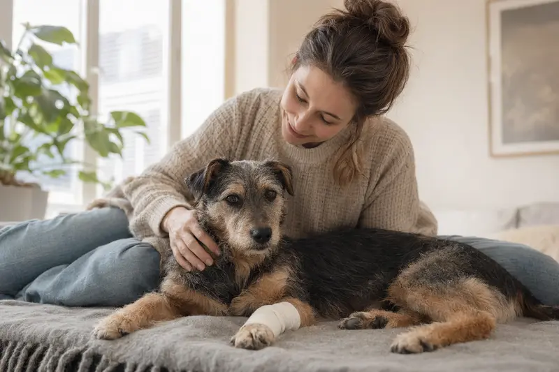 Ein Hund mit leicht bandagierter Pfote liegt ruhig auf einer Decke, während sein Besitzer neben ihm erleichtert sitzt.