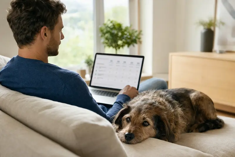 Ein Hundebesitzer sitzt mit einem Laptop auf dem Sofa, während ein Oskay Hund neben ihm liegt und die Versicherungsmöglichkeiten betrachtet.