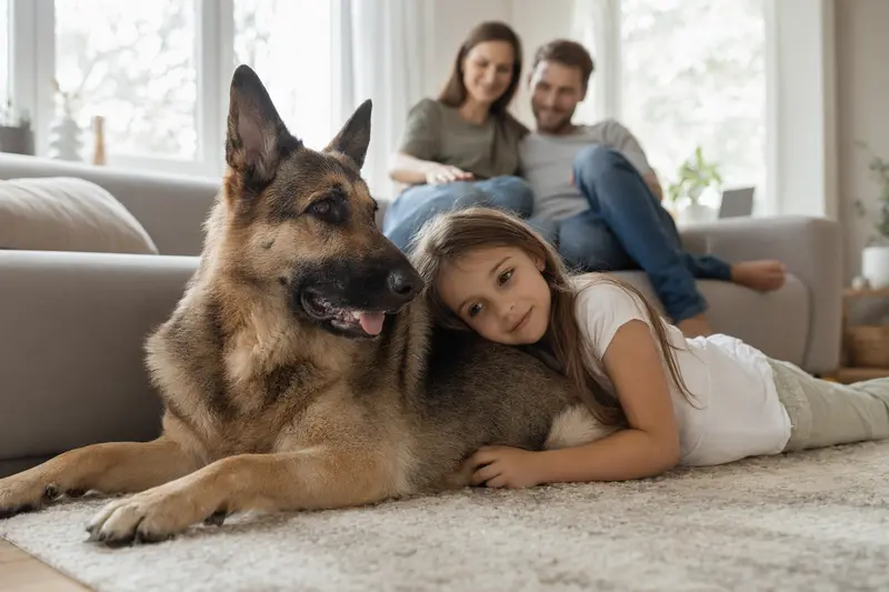 Ein freundlicher Osteuropäischer Schäferhund liegt entspannt neben einem Kind im Wohnzimmer einer Familie.