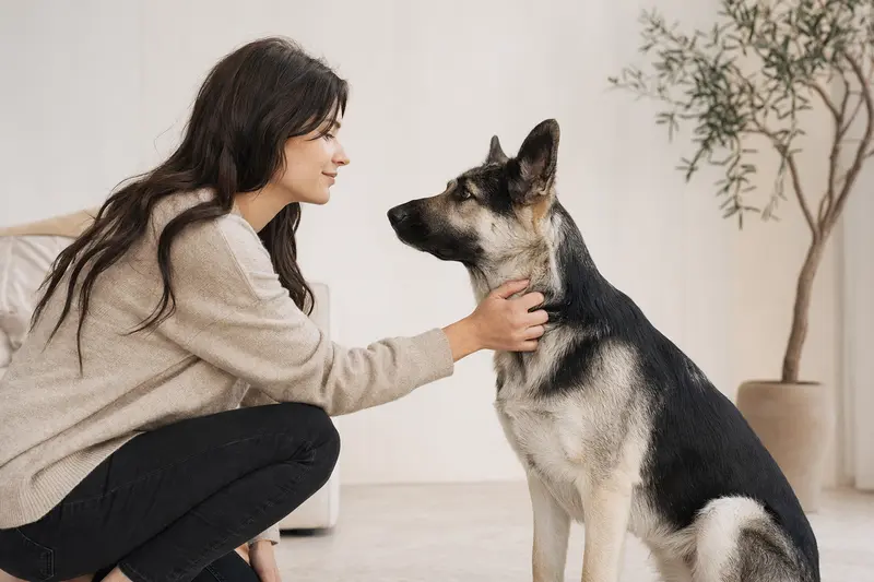 Osteuropäischer Schäferhund steht aufmerksam vor hellem Hintergrund in natürlicher Pose als realistisches Hundeporträt.