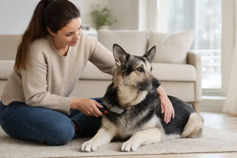 Ein Osteuropäischer Schäferhund wird zuhause sanft gebürstet, während sich der Besitzer liebevoll um die Fellpflege kümmert.