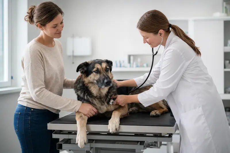 Ein ruhiger Osteuropäischer Schäferhund wird behutsam von einer freundlichen Tierärztin mit einem Stethoskop untersucht.