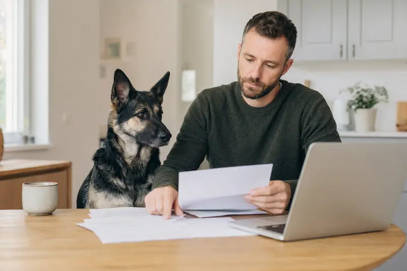 Osteuropäischer Schäferhund sitzt ruhig neben seinem Besitzer am Küchentisch mit Versicherungsunterlagen und Laptop für den Tierkrankenversicherungs-Vergleich.
