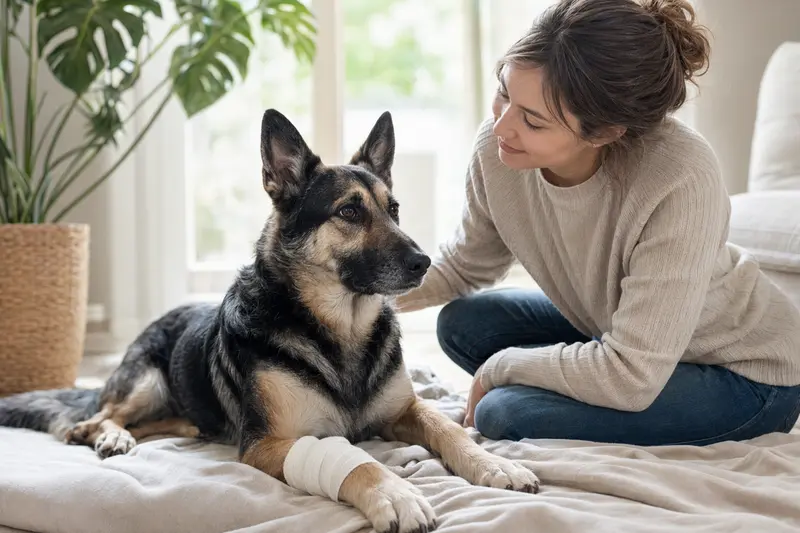 Ein Osteuropäischer Schäferhund mit leichtem Verband an der Pfote liegt ruhig auf einer Decke, während sein Besitzer erleichtert neben ihm sitzt.