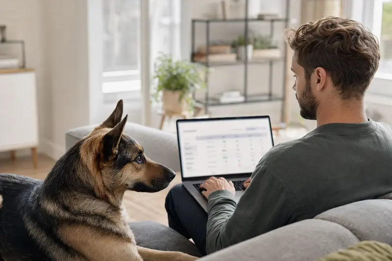 Ein entspannt sitzender Hundebesitzer mit Laptop auf dem Sofa, neben ihm ein Osteuropäischer Schäferhund, während er sich über Tierversicherungen informiert.