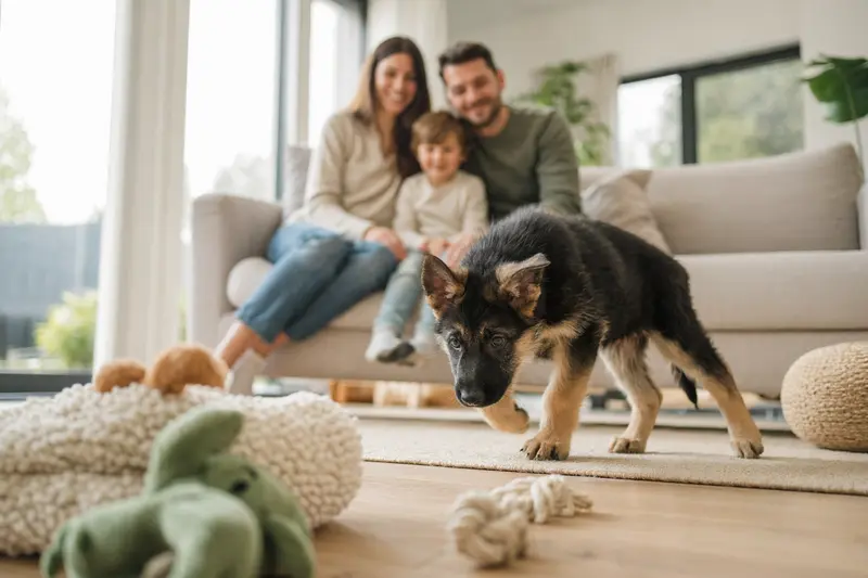 Ein neugieriger Osteuropäischer Schäferhund Welpe erkundet seine neue Umgebung mit liebevoller Familie im Hintergrund.