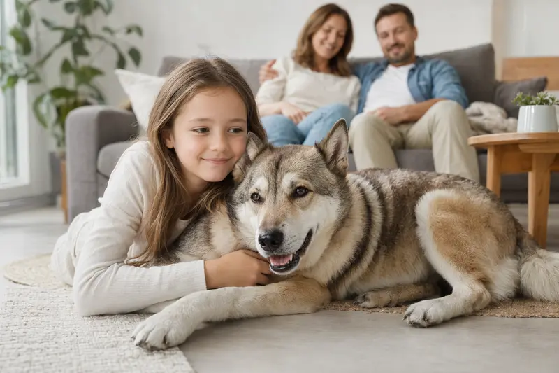 Ein Ostsibirischer Laika liegt entspannt neben einem Kind im hellen Wohnzimmer einer Familie.