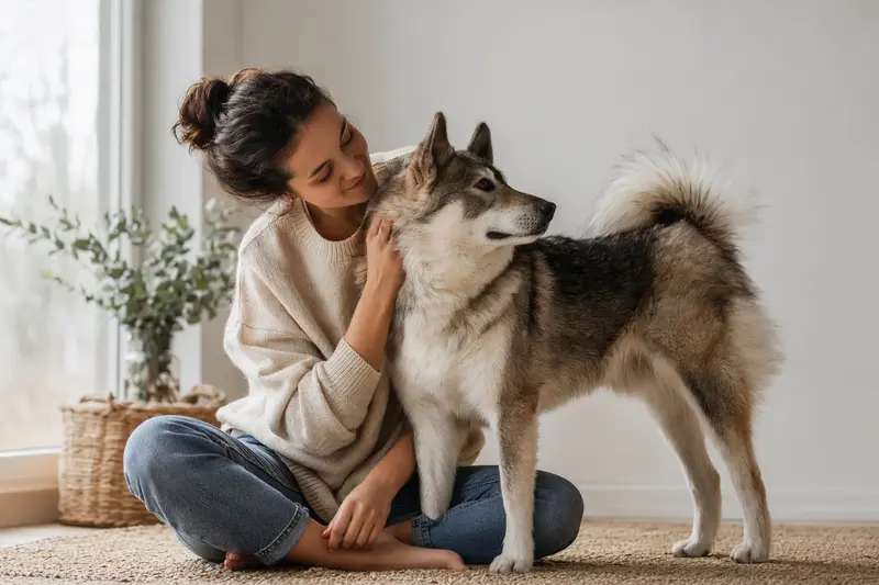 Ostsibirische Laika Hund in aufmerksam stehender Haltung vor hellem Hintergrund, als realistisches Tierportrait mit typischer Fellstruktur.