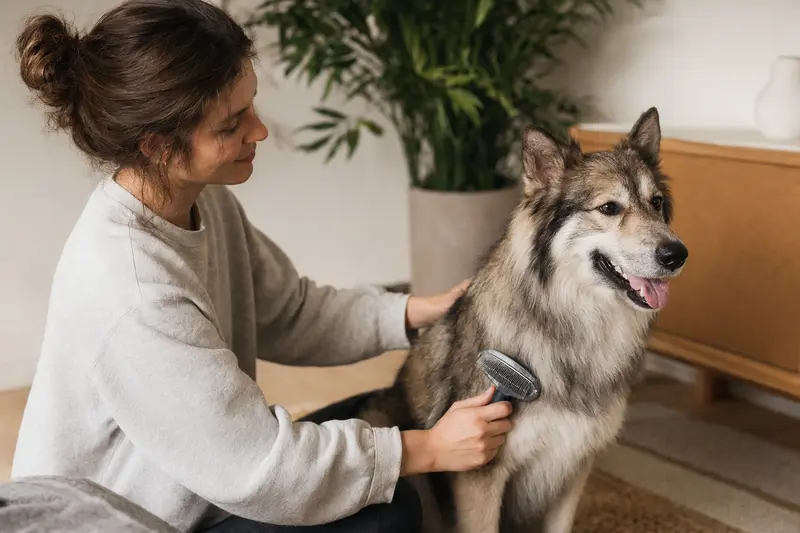 Ein Ostsibirische Laika Hund wird in einer hellen Wohnung liebevoll gebürstet, während der Besitzer aufmerksam die Fellpflege übernimmt.