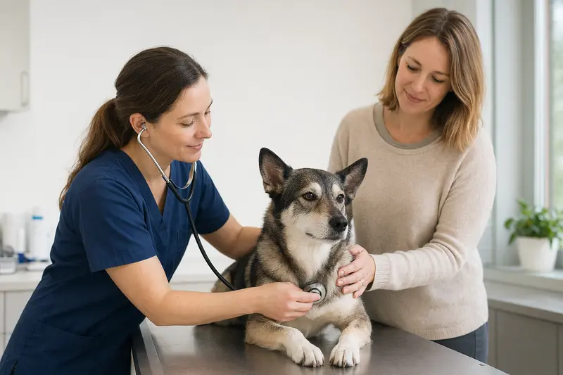 Ein Ostsibirischer Laika Hund wird freundlich von einer Tierärztin mit einem Stethoskop untersucht.