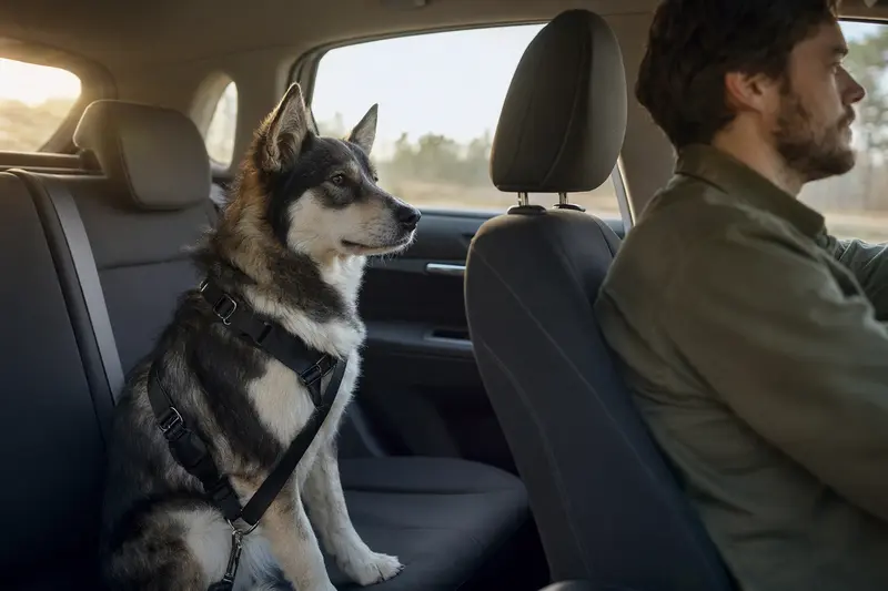 Ein Ostsibirische-Laika-Hund sitzt sicher angeschnallt auf der Rückbank eines Autos, während der Besitzer ruhig fährt und Sonnenlicht durch das Fenster fällt.