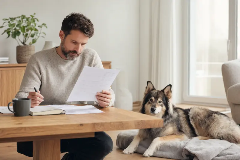 Besitzer sitzt mit Tierarztrechnung am Tisch, während ein entspannter Ostsibirischer Laika auf einer Decke liegt und Tierarztkosten im Kontext einer Hundeversicherung thematisiert werden.