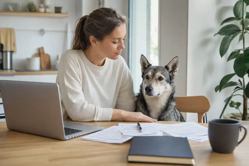 Ein Ostsibirische Laika Hund sitzt entspannt neben seinem Besitzer am Küchentisch, auf dem Versicherungsunterlagen und ein Laptop mit Vergleichsseite liegen.