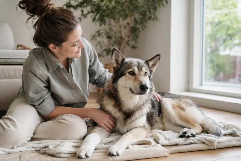 Ein Ostsibirischer Laika Hund mit Verband an der Pfote liegt entspannt auf einer Decke neben seinem erleichterten Besitzer in einer hellen Wohnung.