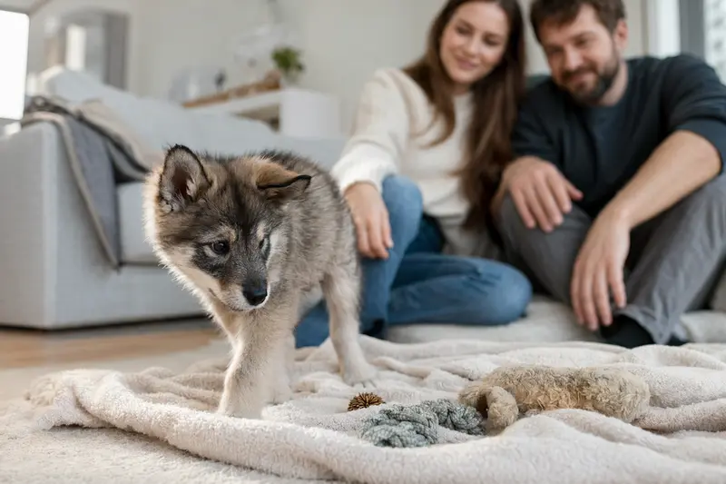 Ein neugieriger Ostsibirische Laika Welpe erkundet sein neues Zuhause mit weicher Decke und Spielzeug, während eine liebevolle Familie im Hintergrund zu sehen ist.