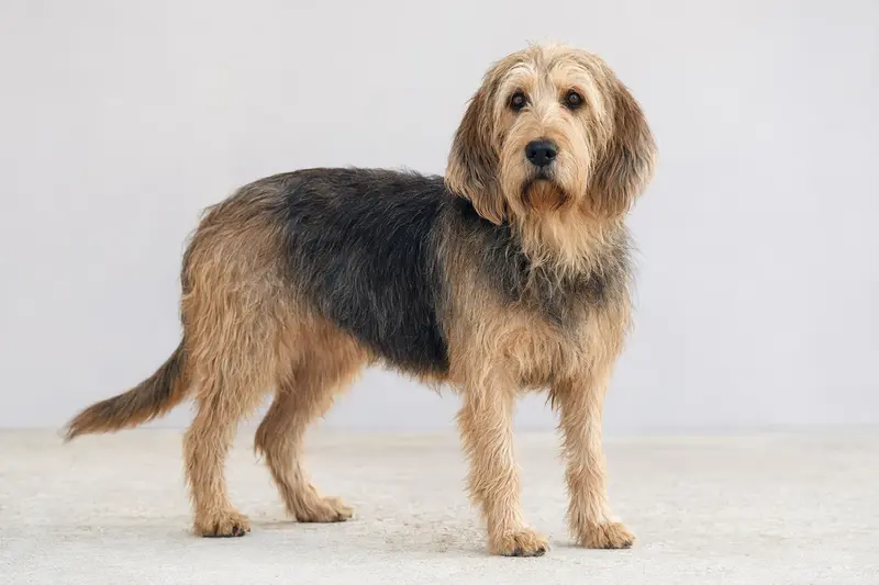 Ein aufmerksam stehender Otterhound Hund vor hellem Hintergrund, als realistisches Tierportrait mit typischer Fellstruktur und Körperform der Rasse.