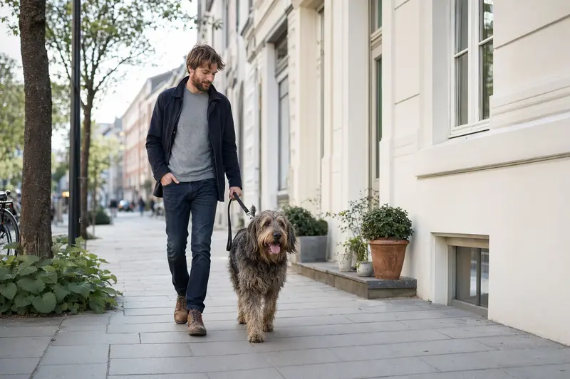 Ein Otterhound läuft an der Leine mit seinem Besitzer durch eine moderne Stadtstraße.
