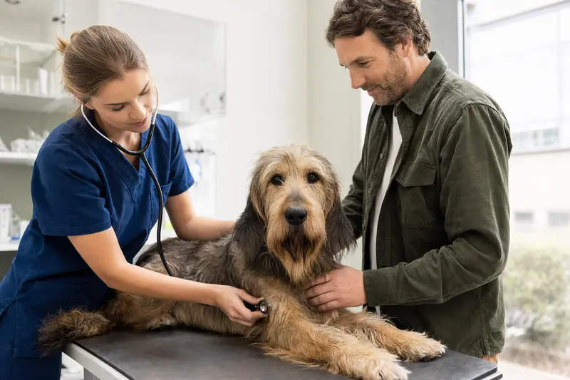 Ein ruhiger Otterhound wird von einer freundlichen Tierärztin in einer modernen Tierarztpraxis untersucht.