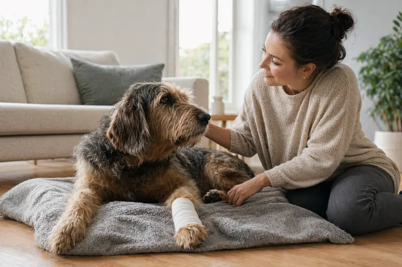Ein Otterhound liegt mit leicht bandagierter Pfote ruhig auf einer Decke, während sein Besitzer neben ihm erleichtert im hellen Wohnzimmer sitzt.
