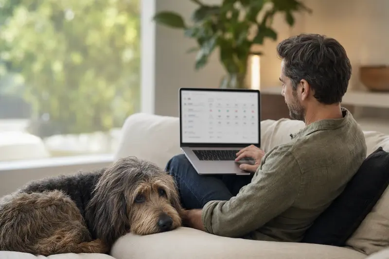 Ein Hundebesitzer arbeitet am Laptop auf dem Sofa neben seinem Otterhound, während eine neutrale Versicherungsvergleichs-Oberfläche angezeigt wird.