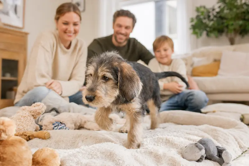 Ein junger Otterhound Welpe erkundet neugierig seine neue Umgebung mit einer weichen Decke und Spielzeug, während eine liebevolle Familie im Hintergrund spielt.