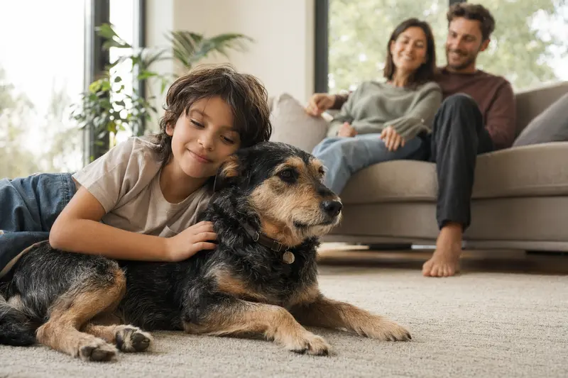 Ein freundlicher Otterhund liegt entspannt neben einem Kind im hellen Wohnzimmer, während die Eltern im Hintergrund stehen.