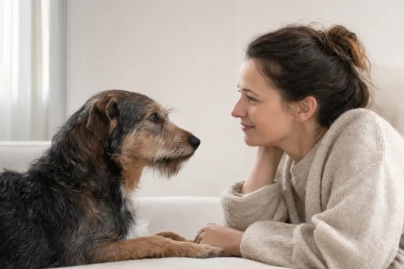 Ein aufmerksamer Otterhund steht in natürlicher Haltung vor hellem neutralem Hintergrund.