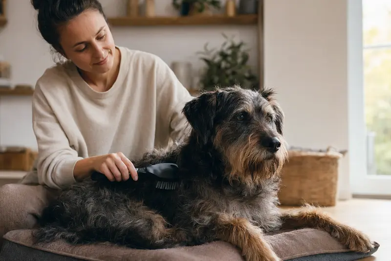 Ein Otterhund wird in einer hellen Wohnung sanft gebürstet, während sein Besitzer liebevoll die Fellpflege übernimmt.