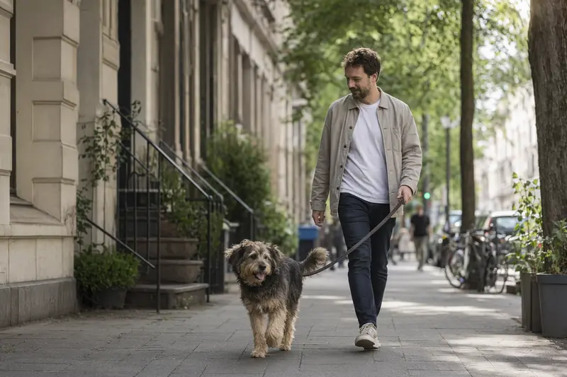 Ein Otterhund läuft an der Leine mit seinem Besitzer durch eine freundliche moderne Stadtstraße.