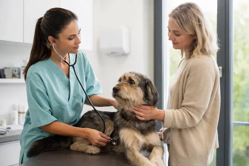 Eine freundliche Tierärztin untersucht behutsam einen ruhigen Otterhund mit einem Stethoskop in einer modernen Tierarztpraxis.