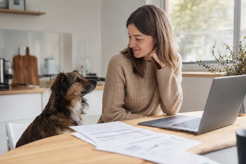 Ein Otterhund sitzt ruhig neben seinem Besitzer am Küchentisch mit Versicherungsunterlagen und Laptop zur Hunderversicherung.