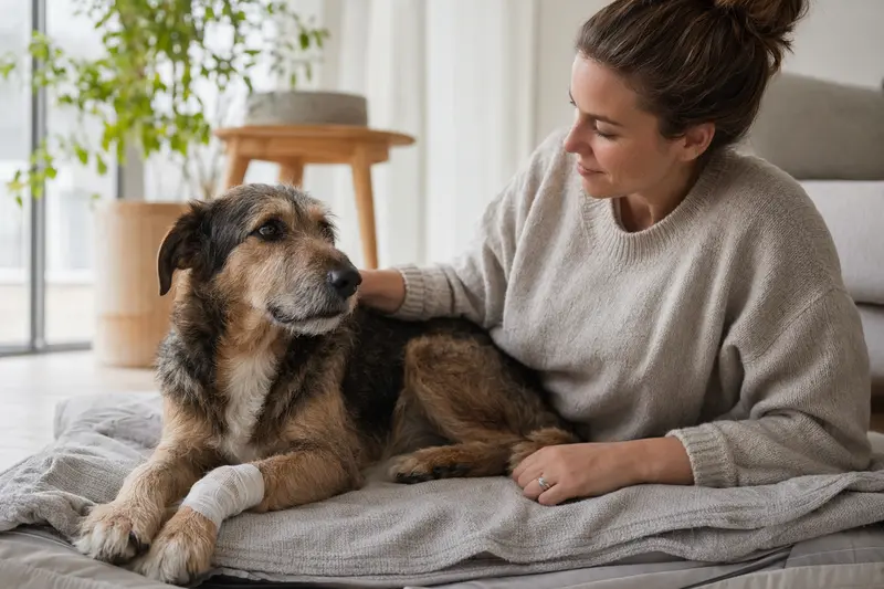 Ein Otterhund mit leichtem Verband an der Pfote liegt ruhig auf einer Decke, während sein Besitzer erleichtert neben ihm sitzt.