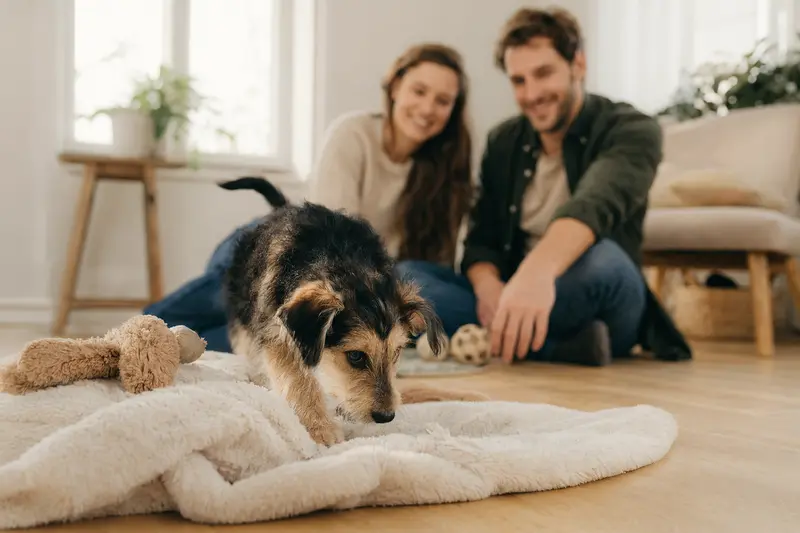 Ein neugieriger Otterhund Welpe erkundet sein neues Zuhause auf einer weichen Decke.