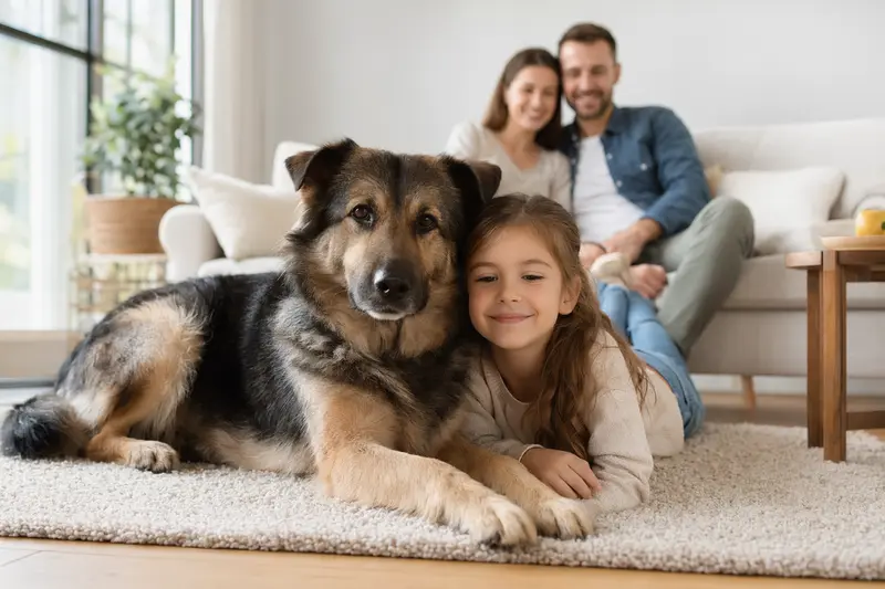 Ein freundlicher Owtscharka Hund liegt entspannt neben einem Kind im Wohnzimmer, während die Eltern im Hintergrund für eine sichere Familienatmosphäre sorgen.