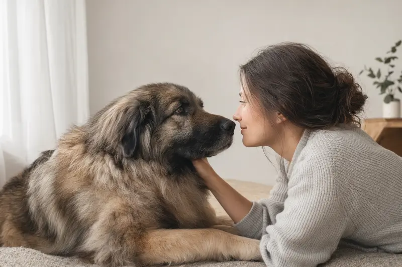 Ein aufmerksam stehender Owtscharka Hund in natürlicher Haltung vor hellem Hintergrund als professionelles Hunderasse-Portrait.