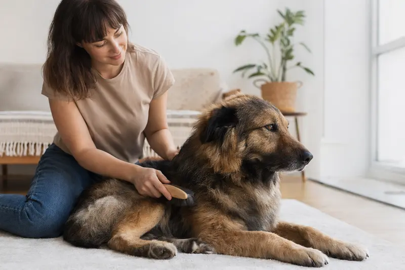 Ein Owtscharka Hund wird in einer hellen Wohnung sanft gebürstet, während sich der Besitzer liebevoll um die Fellpflege kümmert.