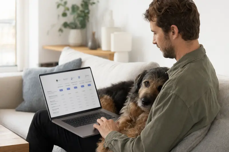 Ein Hundebesitzer sitzt entspannt auf dem Sofa mit seinem Owtscharka und nutzt einen Laptop für den Vergleich von Tierversicherungen.