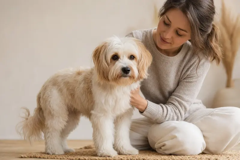 Pachon De Victoria Hund in aufmerksamer, natürlicher Haltung vor hellem Hintergrund als realistisches Rasseporträt.