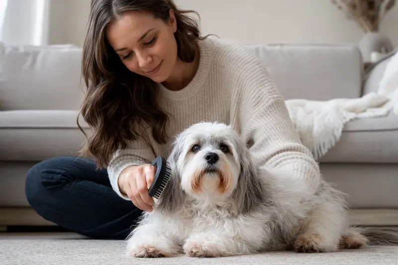 Ein Pachon De Victoria Hund wird zuhause von seinem Besitzer sanft gebürstet und gepflegt.