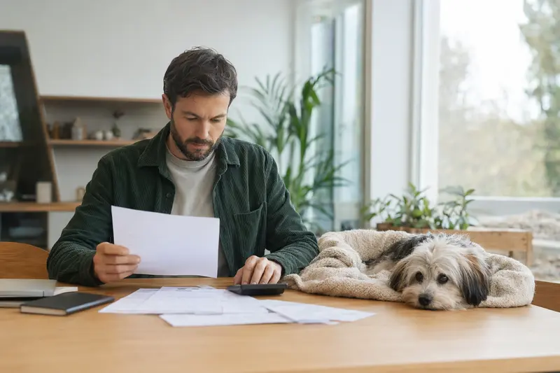 Ein Hundehalter sitzt mit einer Tierarztrechnung am Tisch, während sein entspannter Pachon De Victoria auf einer Decke liegt – ein ruhiges Motiv zum Thema Hundekrankenversicherung und Tierarztkosten.