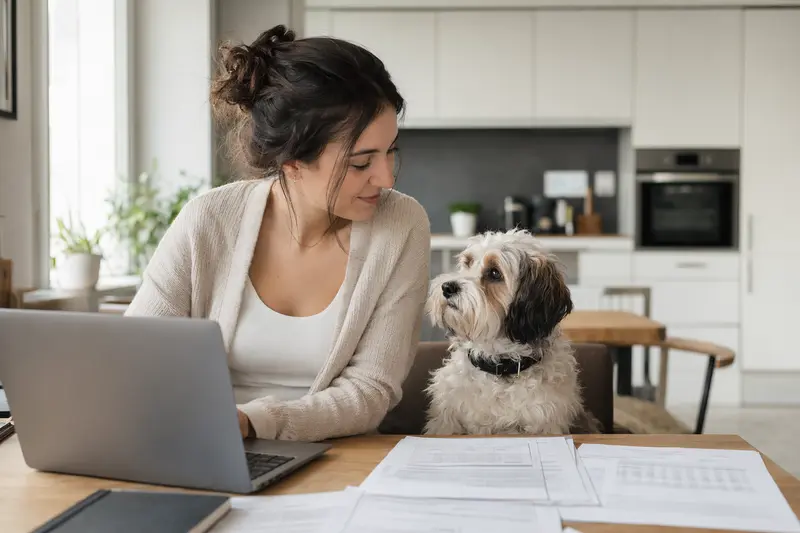 Ein Pachon De Victoria Hund sitzt ruhig neben seinem Besitzer am Küchentisch, während Versicherungsunterlagen und ein Laptop mit einer neutralen Vergleichsseite auf dem Tisch liegen.