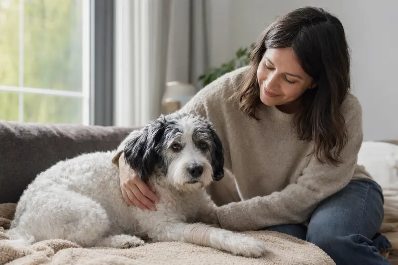 Pachon De Victoria Hund mit leichtem Verband an der Pfote liegt ruhig auf einer Decke, während sein Besitzer erleichtert neben ihm sitzt.
