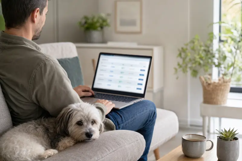 Ein Hund und sein Besitzer, der am Laptop auf dem Sofa sitzt, während sie über eine Versicherungsvergleichs-Oberfläche nachdenken.